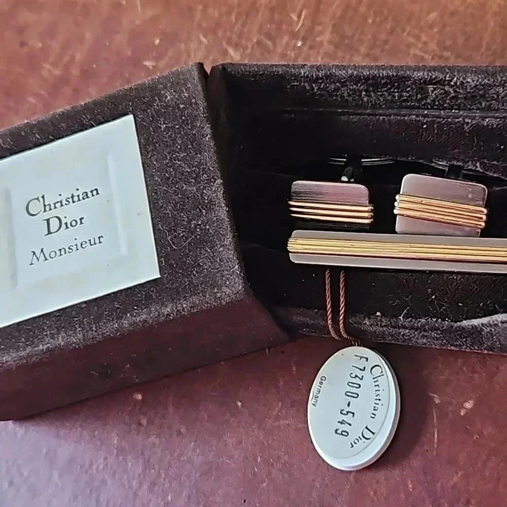 Christian Dior Gold and Silver Tone Cufflinks and Tie Bar set